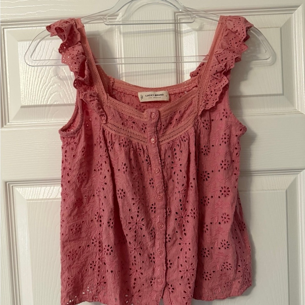 Lucky Brand Pink Eyelet Tank Top Ruffle Strap Size S